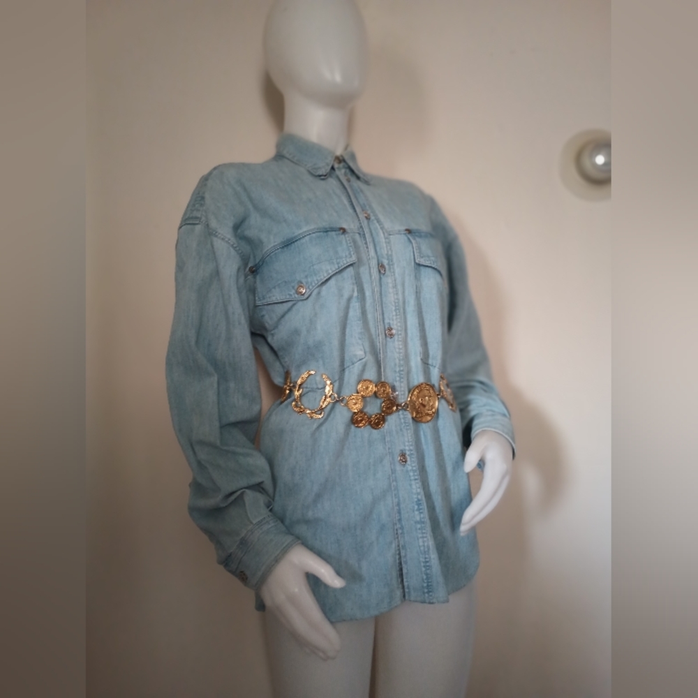 💙 Vintage '90s Versace Denim Western Button-Down Shirt - Picture 5 of 15